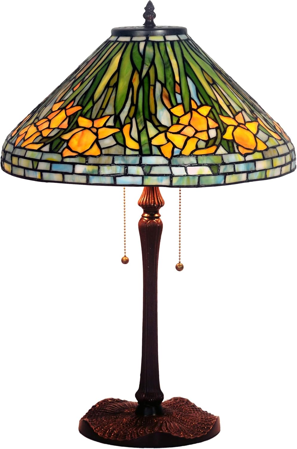 HT Tiffany Style Decor Table Lamp 16 Inch Wide Yellow Daffodil Design Stained Glass Shade 2-Light Zinc Alloy Antique Base Handmade Lighting for Dining Room Living Room Bedroom Study Nightstand Dresser