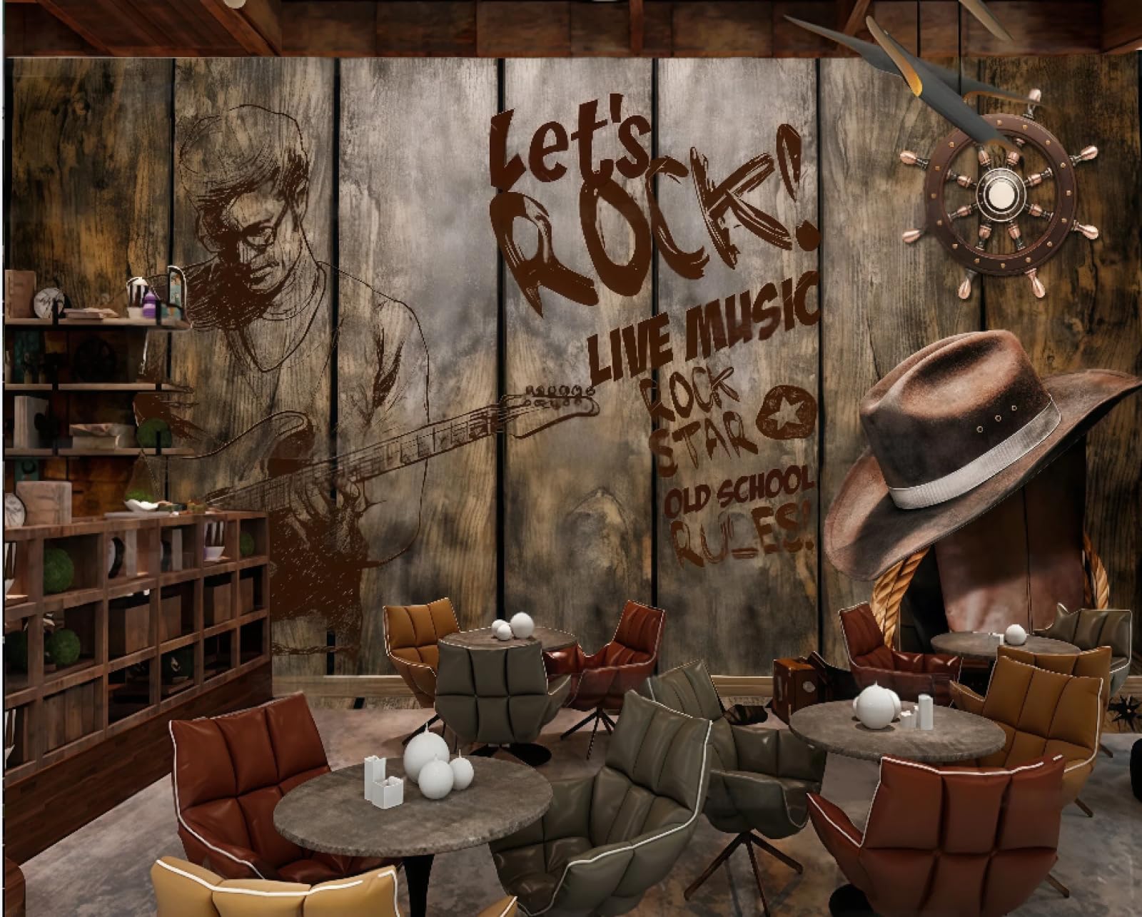 Mural retro de madera rock para decorar paredes de fondo en locales modernos