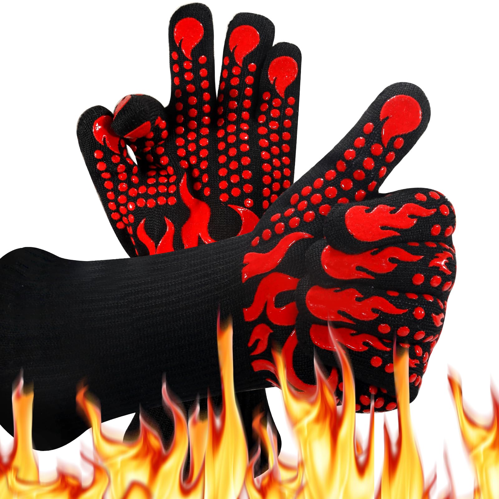 Guantes de barbacoa, ideales para exteriores, guantes de cocina, resistentes al calor, hasta 800.0 °C, muñeca extendida para mayor seguridad, guantes de horno/cocina para horno, mujeres/hombres, papá