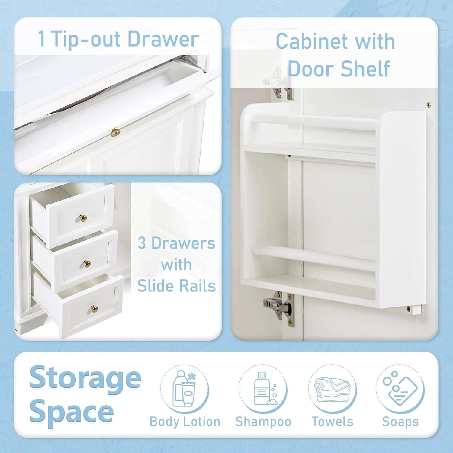 Linique 30" Bathroom Vanity with Sink Combo Set, Solid Wood Frame Bathroom Storage Cabinet with 3 Drawers and a Tip-Out Drawer, Soft Closing Cabinet Door with Organizer, White