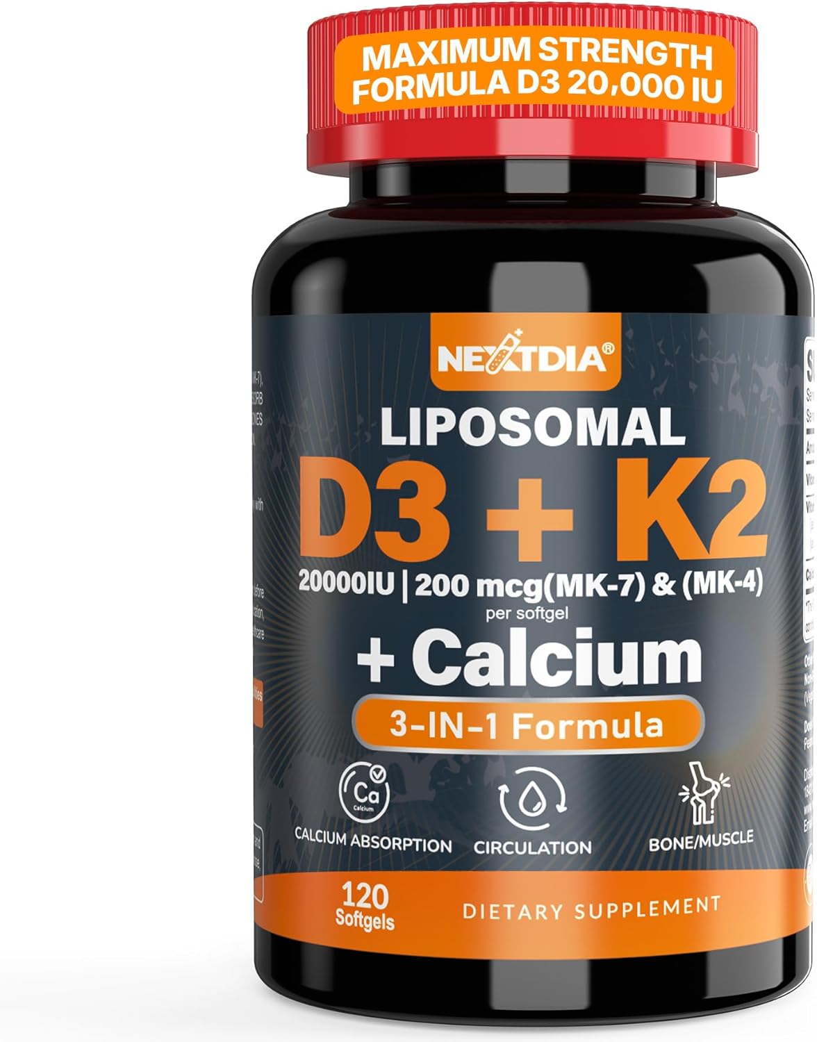 Vitamin D3 20,000 IU + K2 Vitamin (MK4 & MK7) 200mcg + Calcium Citrate, Optimal Vitamin D3 K2 Softgel - Strong Bone & Muscle, Calcium Absorption, Helping Vitamin D Deficiencies, Easy to Swallow, 1Pack
