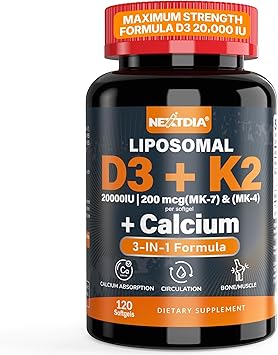 Vitamin D3 20,000 IU + K2 Vitamin MK4 & MK7 200mcg + Calcium Citrate, Optimal Vitamin D3 K2 Softgel - Strong Bone & Muscle, Calcium Absorption, Helping Vitamin D Deficiencies, Easy to Swallow, 1Pack