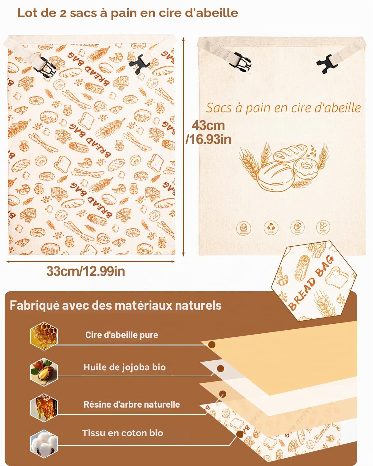 2 Sacs à Pain en Cire d’Abeille 43×33 cm – Sac de Conservation Réutilisable en Coton, pour Pain au Levain et Baguette, Sac Écologique pour Garder la Fraîcheur du Pain