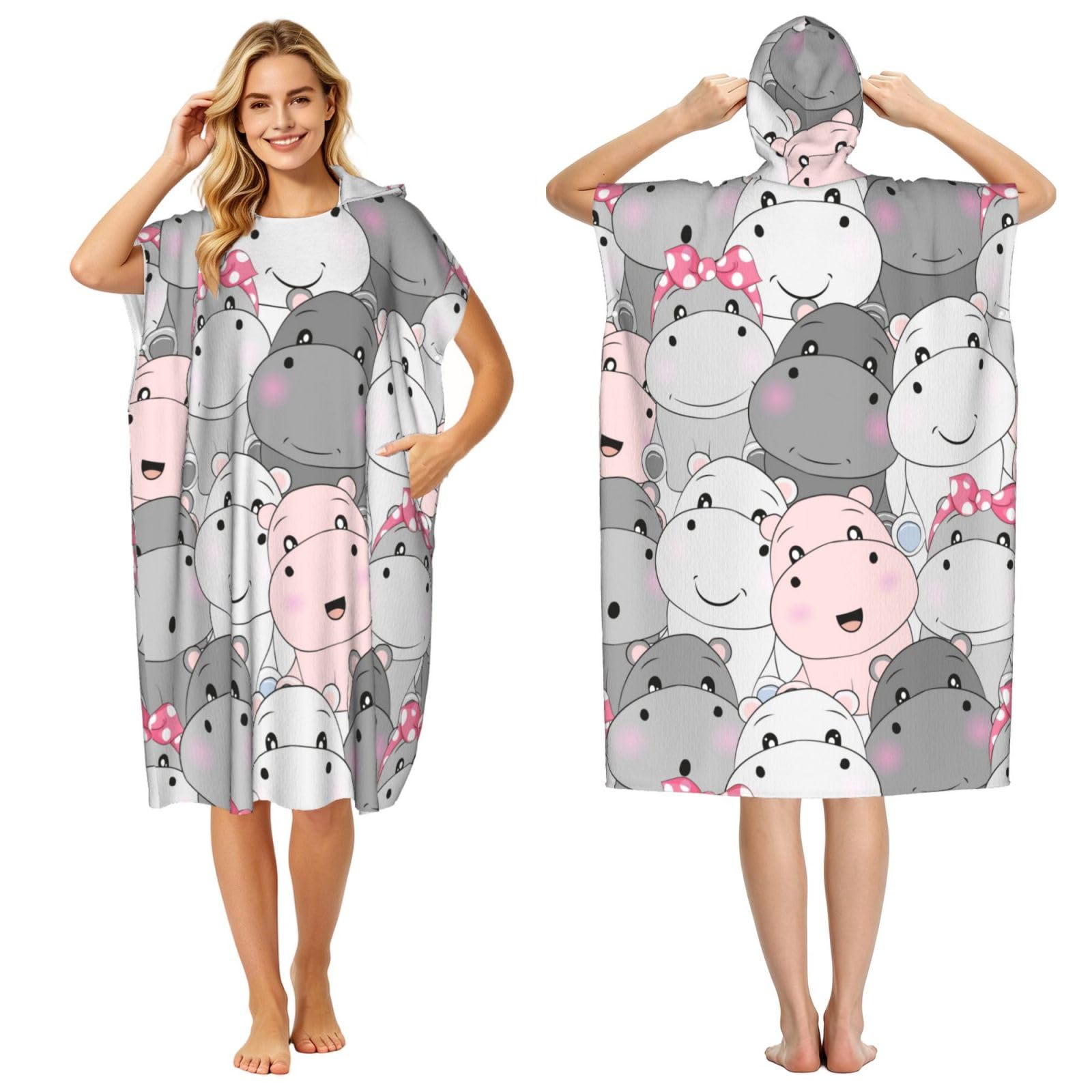 Poadnly Cute Baby Hippos, Adult Hooded Beach Towel 90 x 110 cm,Changing Bath Robe, Surf Poncho Towel For Women Men