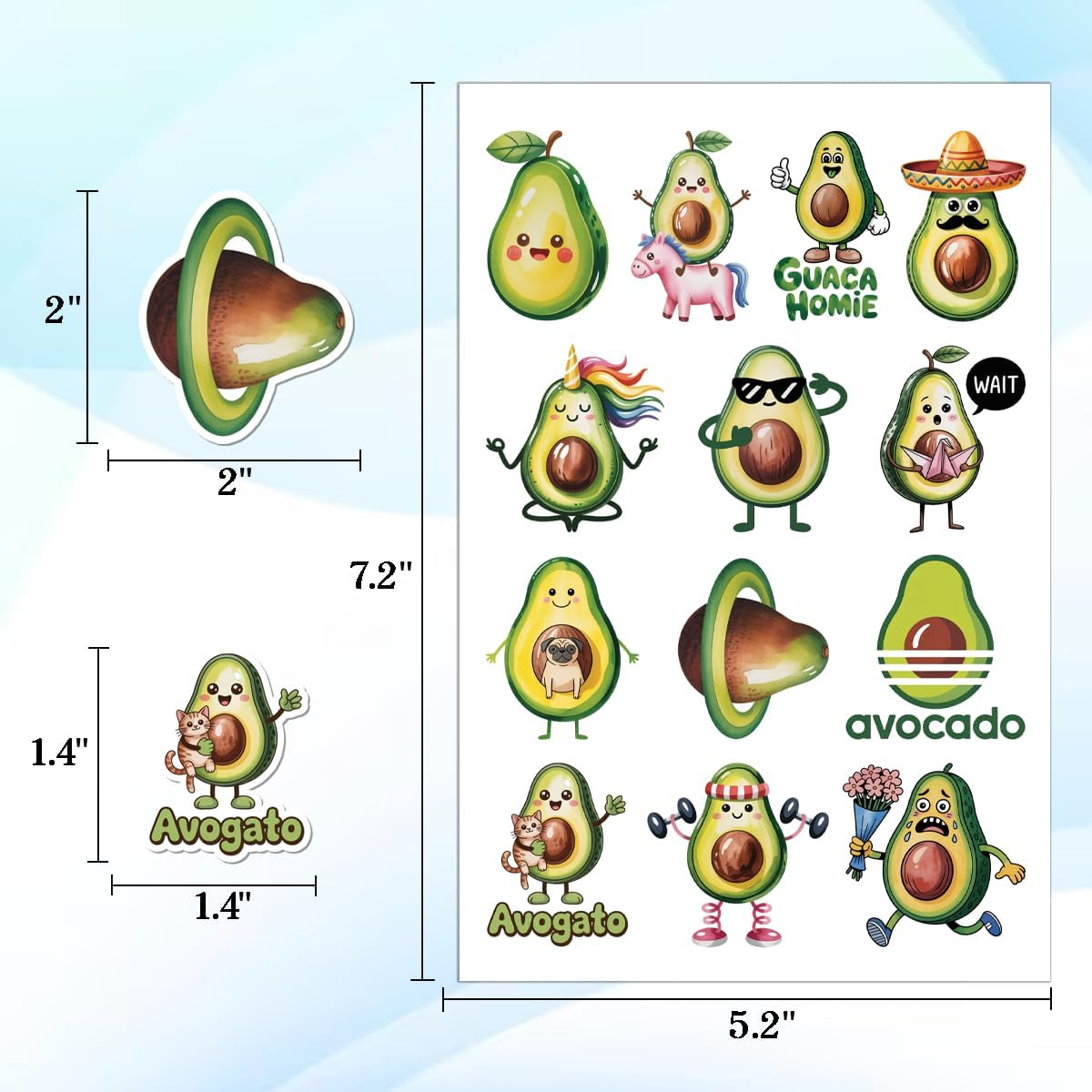 100PCS Avocado Stickers – Cute Kawaii Food Vinyl Waterproof Stickers for Laptop, Water Bottle, Scrapbook, Journaling, Teens