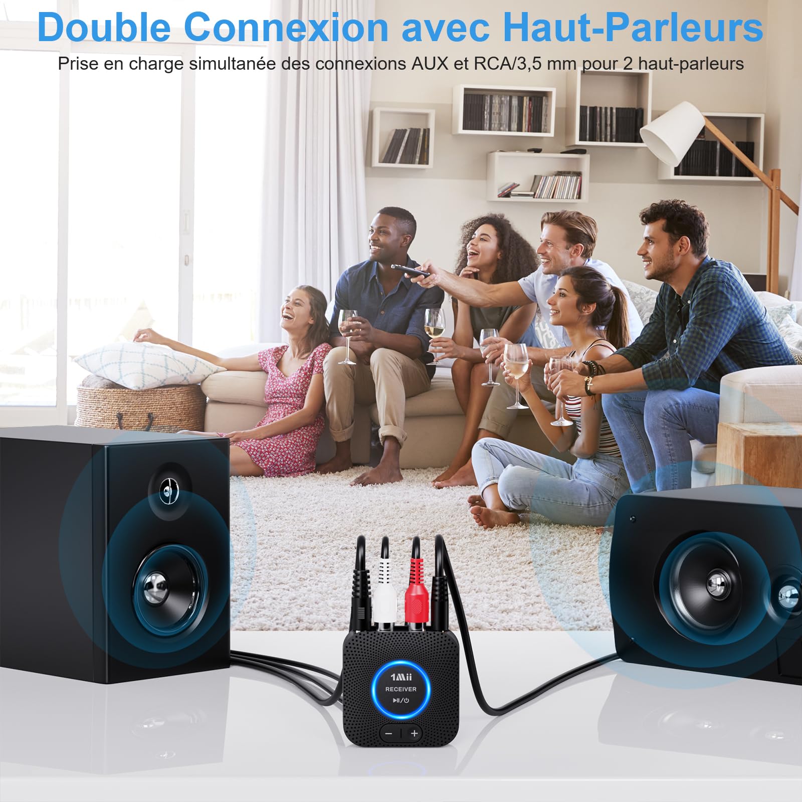 1Mii 2.4GHz (1 TX + 1 RX), Emetteur Récepteur Audio sans Fil Transmetteur | pour TV/ PC vers Chaîne Hi-FI, Contrôle du volume, Faible Latence pour Amplificateur/ Home Cinéma, RCA et 3,5mm AUX In/Out