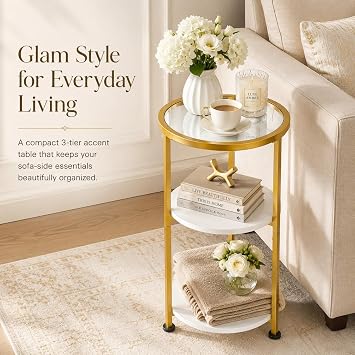 3-Tier Tempered Glass Side Table, White & Gold | 11.8 Small Round Side Table for Small Spaces, Modern Glass Round End Table for Living Room, Bedside Nightstand for Bedroom