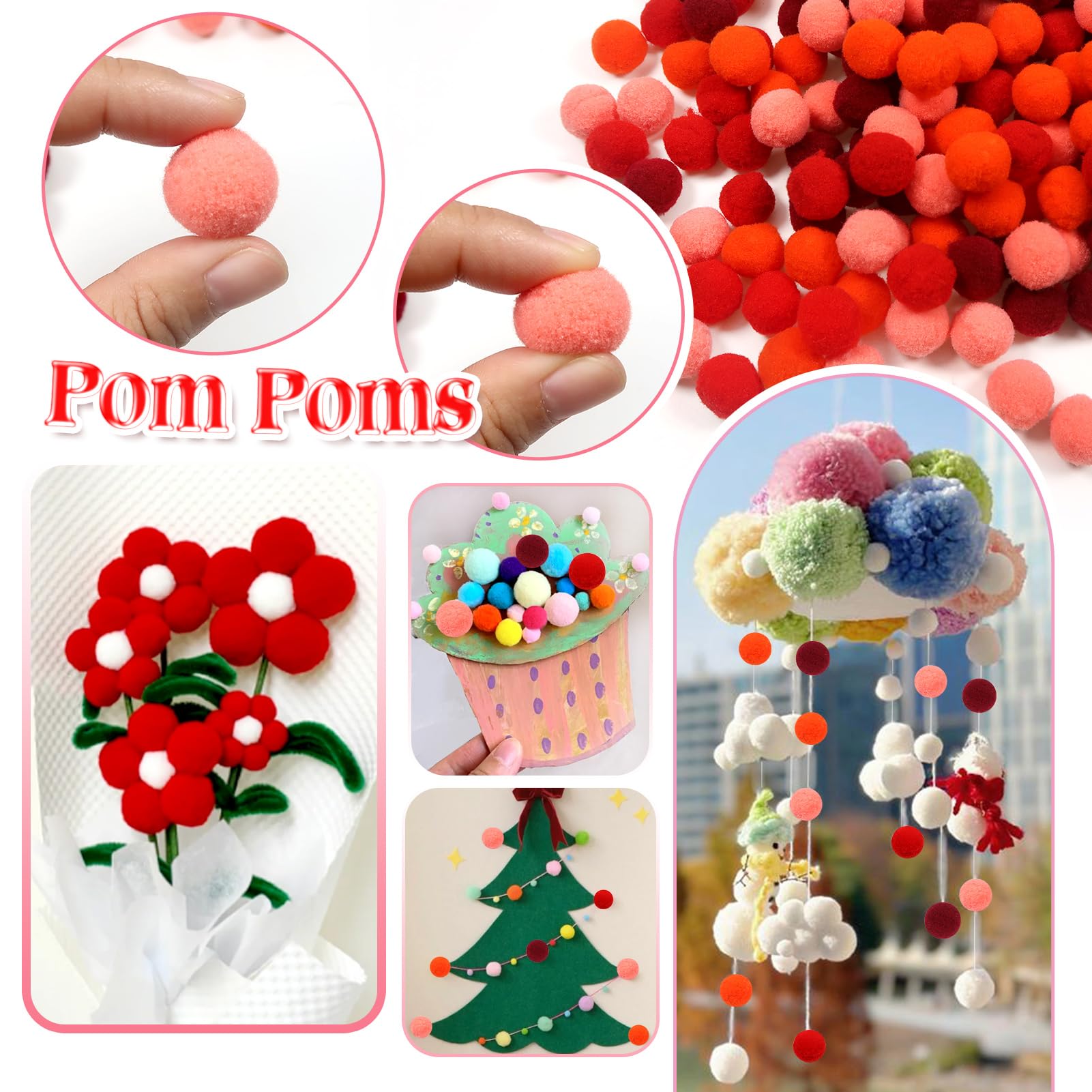 TOAOB 400 stuks pompons om te knutselen, 1 cm, 1,5 cm, 2,5 cm, 3 cm, roze, serie pompons, pluizige pompons, ballen, kunstpoms voor grappige doe-het-zelf creatieve handwerk