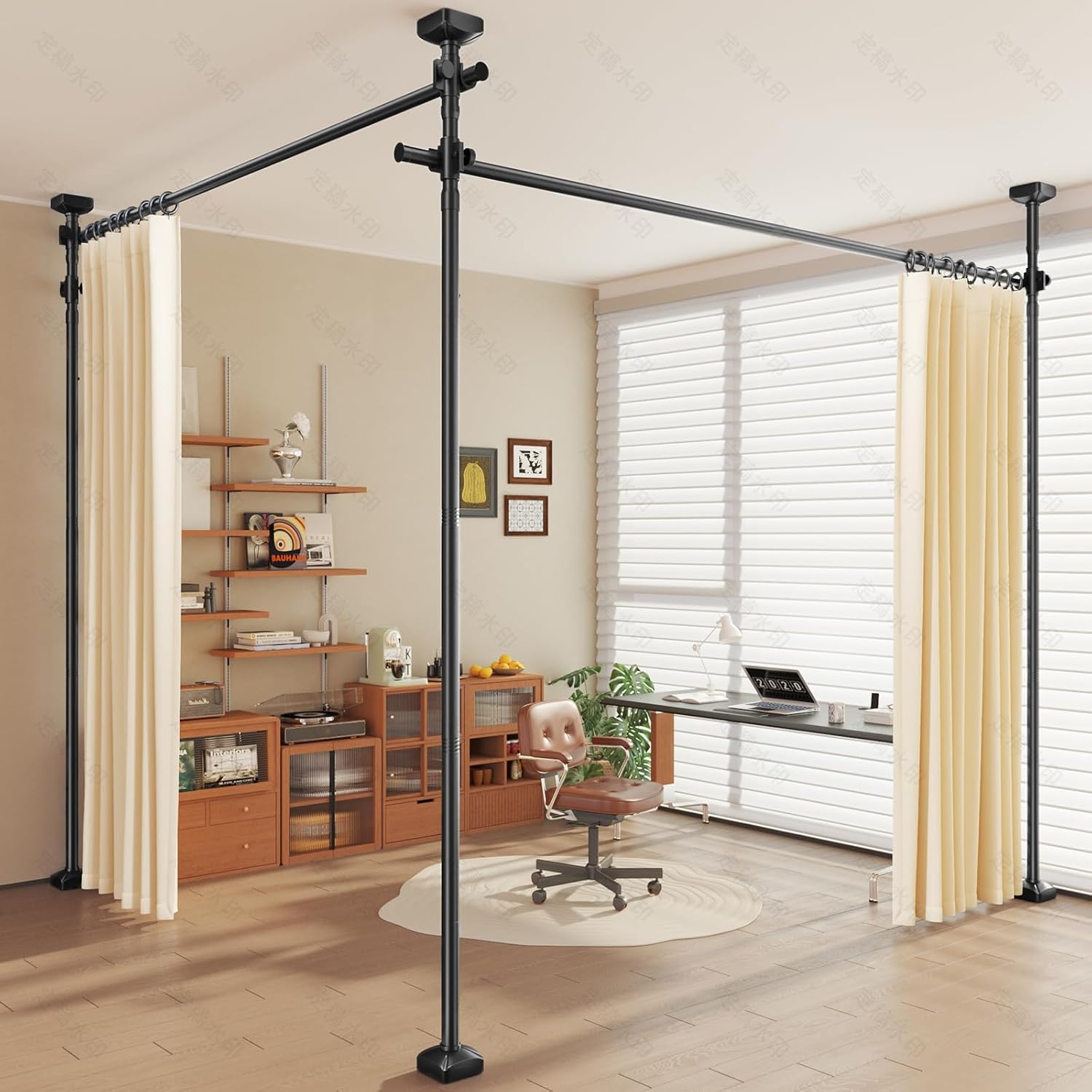 Room Divider Curtain Rod, No Drilling Wall Divider for Room Separation, Adjustable 4-10ft(H) 28-114inch(W) Heavy Duty Temporary Wall Divider Floor to Ceiling Tension Rod,Black