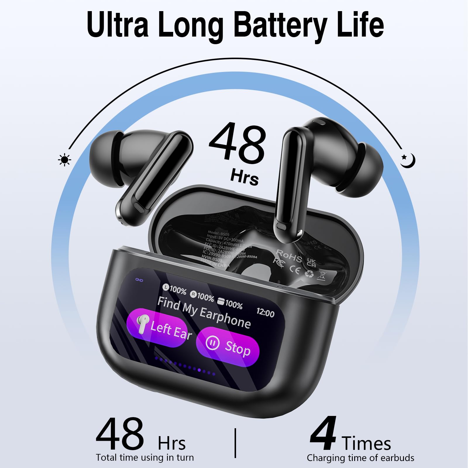 Touchscreen Bluetooth Kopfhörer, 2026 In Ear Kopfhörer Kabellos Bluetooth 5.4 mit ANC+ENC Noise Cancelling Mic, 48Std Spielzeit Tiefer Bass Earbud mit 5 EQ-Modi, IP7 Wasserdicht Ohrhörer Tiefschwarz