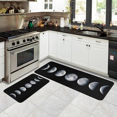 Miniatura 4 de Moon - Juego de 2 alfombras de cocina, antideslizantes, color negro, alfombra de pasillo para decoración de suelo de cocina, 17 x 47 + 17 x 30