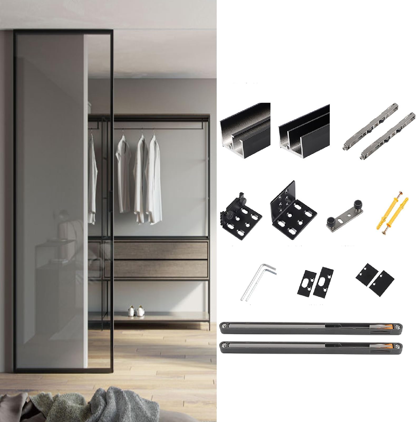 2pcs 47.2" for 19.68-47.2" Ghost Door Hardware Two-Way Buffer Trackless Invisible Track Bedroom Partition Sliding Door for Glass Doors(Door Not Included)