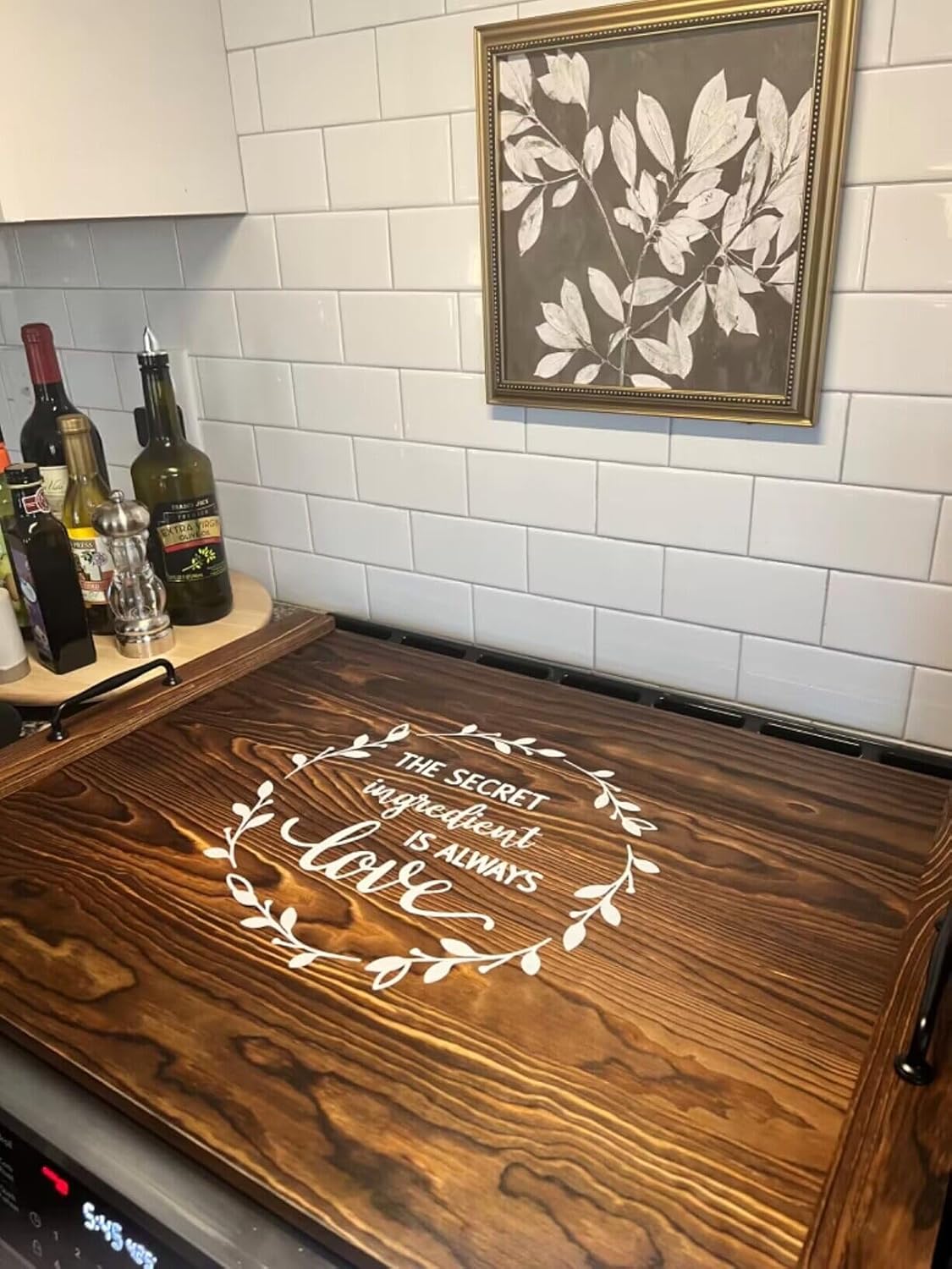 Noodle Board Stovetop Cover with Handles, Sink Wood Block Covers for Electric & Gas Stove, RV Stove Burner, Farmhouse Decorative Wooden Tray for Kitchen-The Secret Ingredient Is Always Love