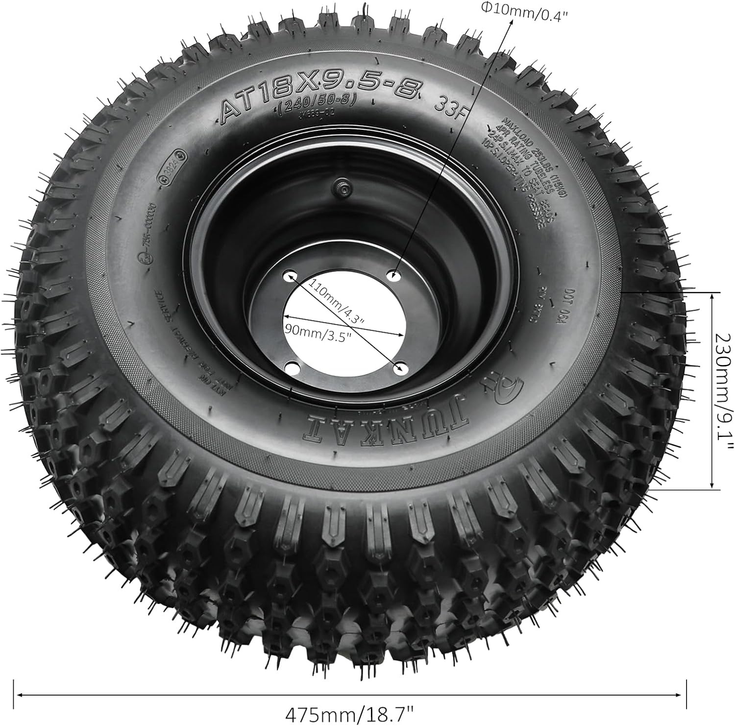 18x9.50-8 ATV Tubeless Tire and Iron Rim Combo, 4PR 18x9.5-8 Off-Road Tire Wheel, with Black 4 Lug 110mm Spacing 23T Spline Rear Axle Wheel Hubs, for Go-Kart Buggy UTV Tractor Mower Drift Trike