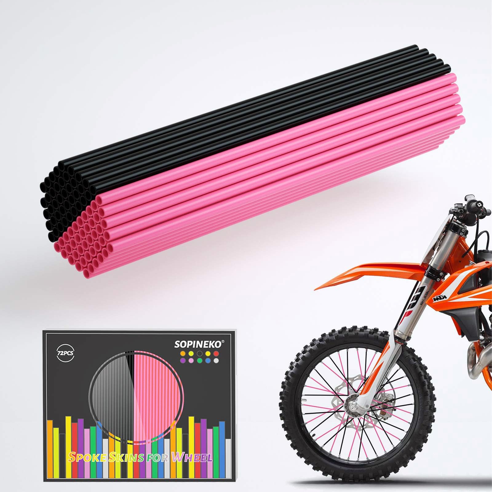 72Pcs Spoke Skins Covers Spoke Wraps Wheel Decoration for Motorcycle Bicycle Dirt Bike Wheelchair(Black &amp; Pink)