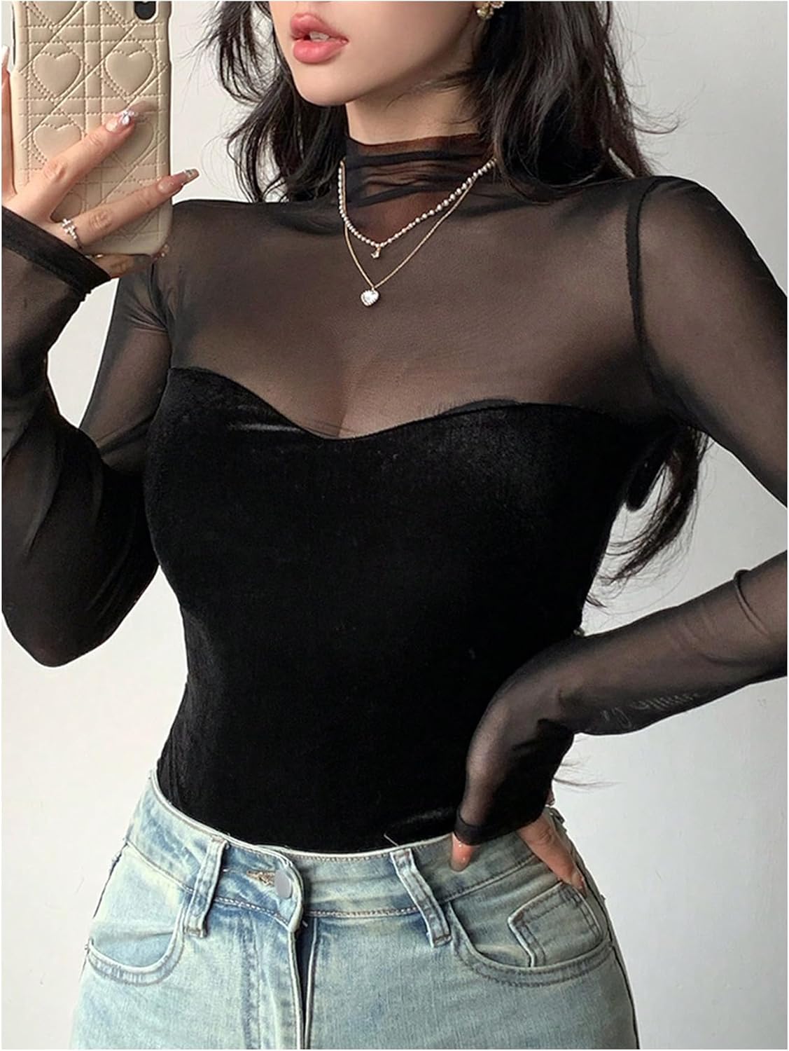 Women's Sheer Mesh Velvet Long Sleeve T Shirts Mock Neck Fitted Tee Tops Elegant Fall Going Out Outfit - Image 5