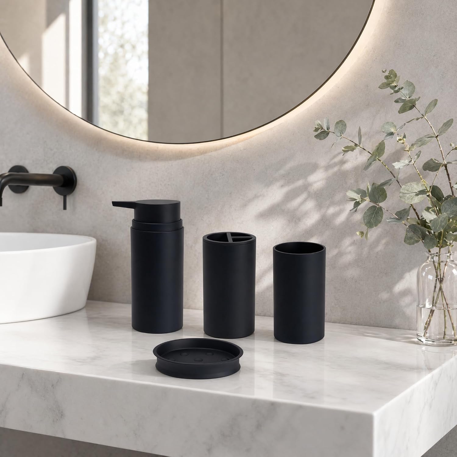 Bathroom Accessory Set Matte Black 4 Pcs Toothbrush Holder Set Soap Dispenser 11.5 oz Tumbler Soap Dish for Bathroom Counter Organizer