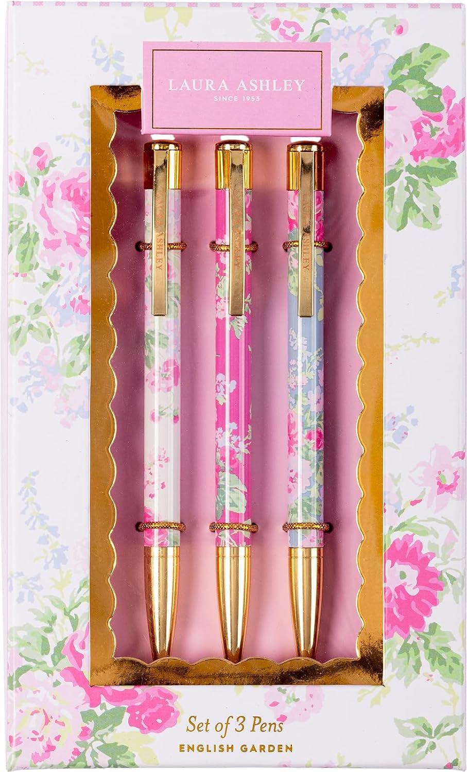 Laura Ashley Heirloom Cottage Pen Set – Elegant Refillable Ballpoint Pens with Floral Design & Gold Accents, Set of 3 in Decorative Gift Box – Smooth Writing Pens for Office, School & Journaling