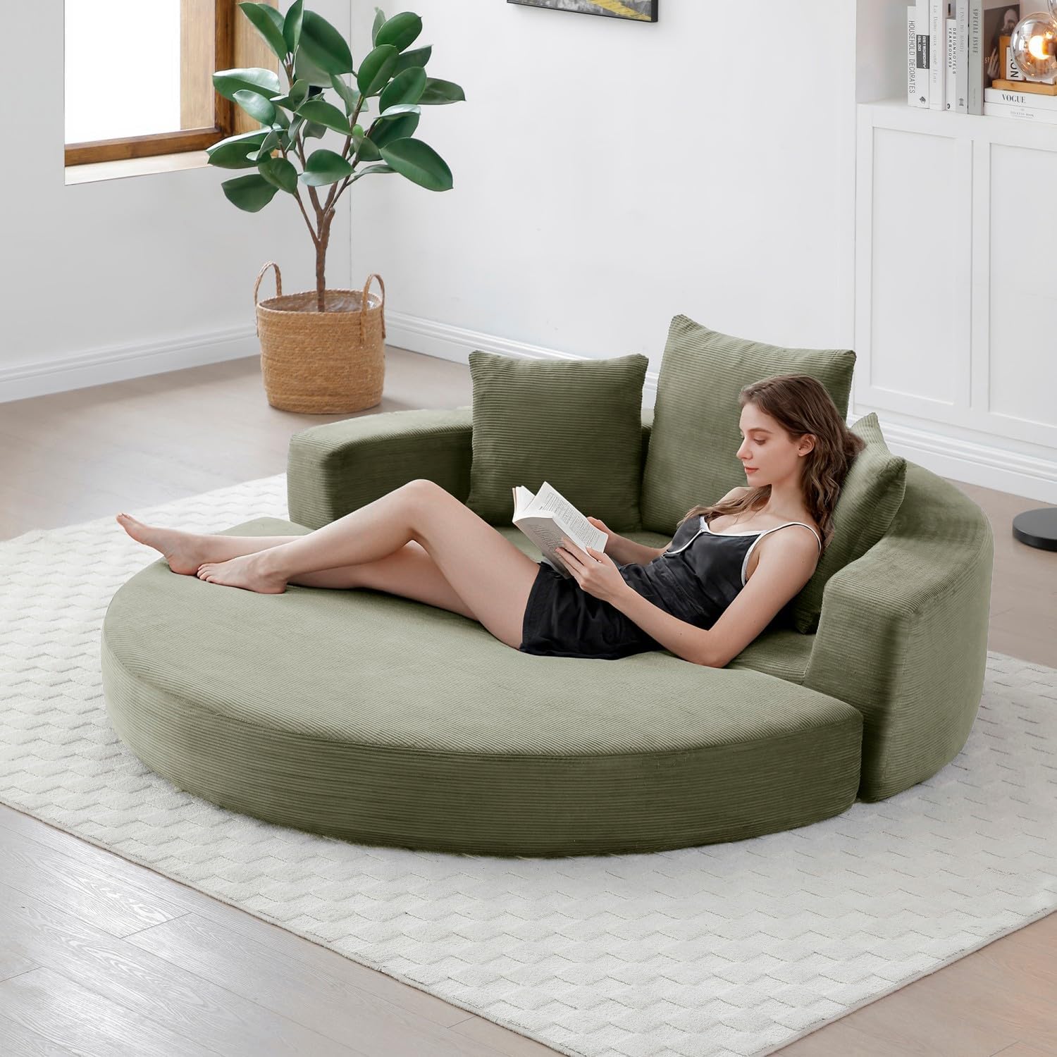 Folding Sofa Bed, Corduroy Circular Boneless Couch, No Assembly Convertible Sleeper Sofa with 3 Pillow, Comfy Futon Sofa Bed for Apartment, Office, Bedroom, Living Room, Green