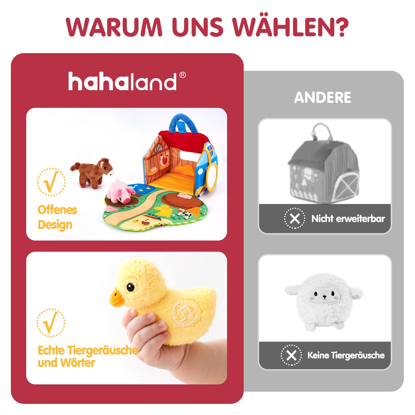 hahaland Bauernhof Baby Spielzeug 6 Monate mit 2-in-1 Scheunen & Spielmatten,6 Sensorik Plüschtiere mit Tiergeräuschen & Spricht Englische Tiernamen,Montessori Spielzeug Baby Geschenk ab 6-12 Monate