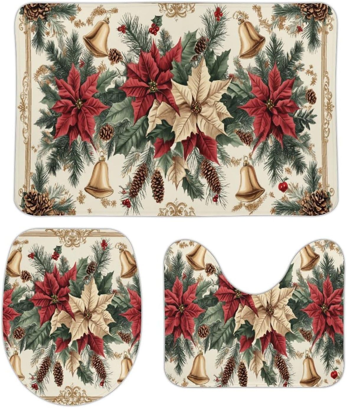 Vintage Christmas Pattern Bathroom Rugs Sets 3 Piece - Poinsettias Pine Cones Golden Bells Bath Mats,U-Shape Toilet Lid Cover,Contour Mat,Shower Mats Bath Rug Mat for Bathroom Tub Toilet