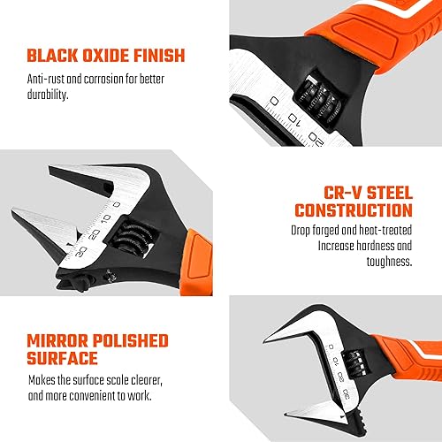 Miniatura 5 de Vanquish Llave ajustable de 8 pulgadas, llave de fontanería de apertura de mandíbula ancha de 1-12, acero CR-V, con escala SAE y métrica marcada,