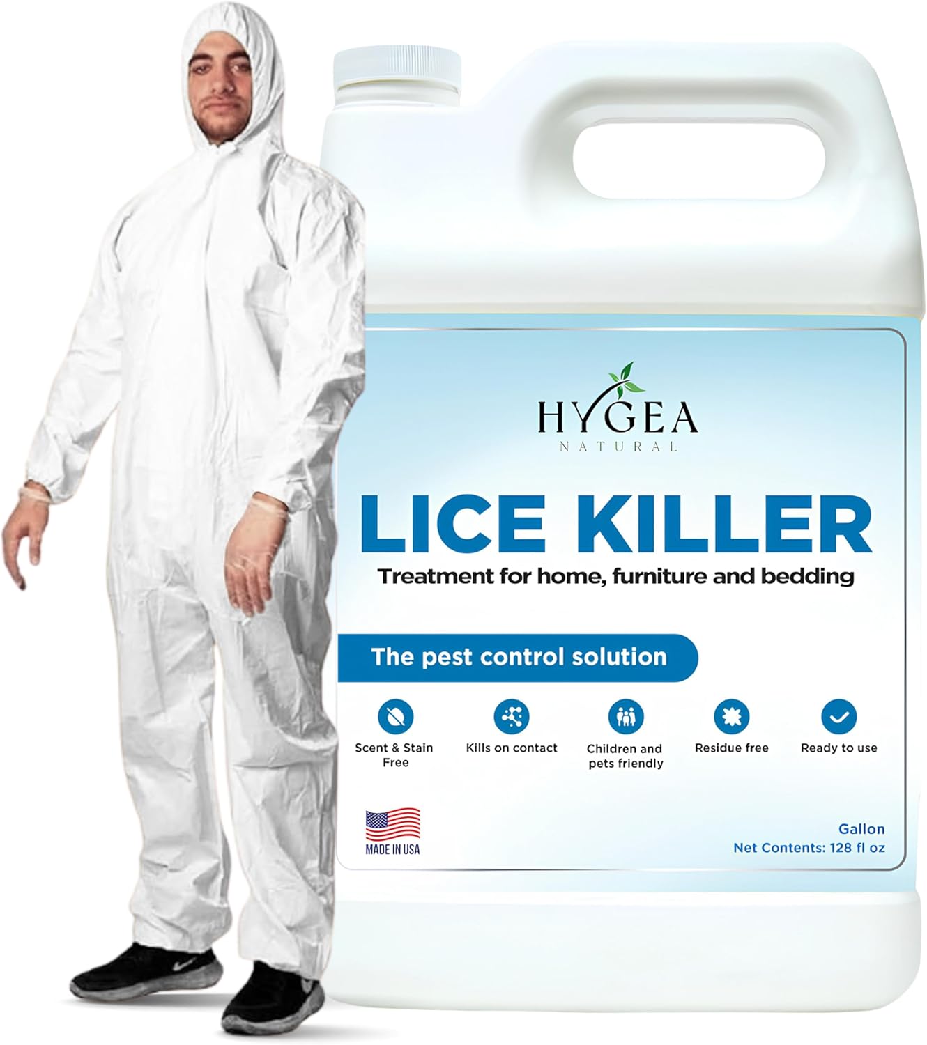 Hygea Natural Lice Spray for Home, Furniture, Bedding 128oz, Natural Treatment for Head Lice - Family Friendly and pet Safe + Disposable Coveralls to Protect Clothing (3X-Large) Bundle