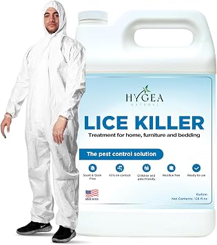 Hygea Natural Lice Spray for Home, Furniture, Bedding 128oz, Natural Treatment for Head Lice - Family Friendly and pet Safe + Disposable Coveralls to Protect Clothing 3X-Large Bundle