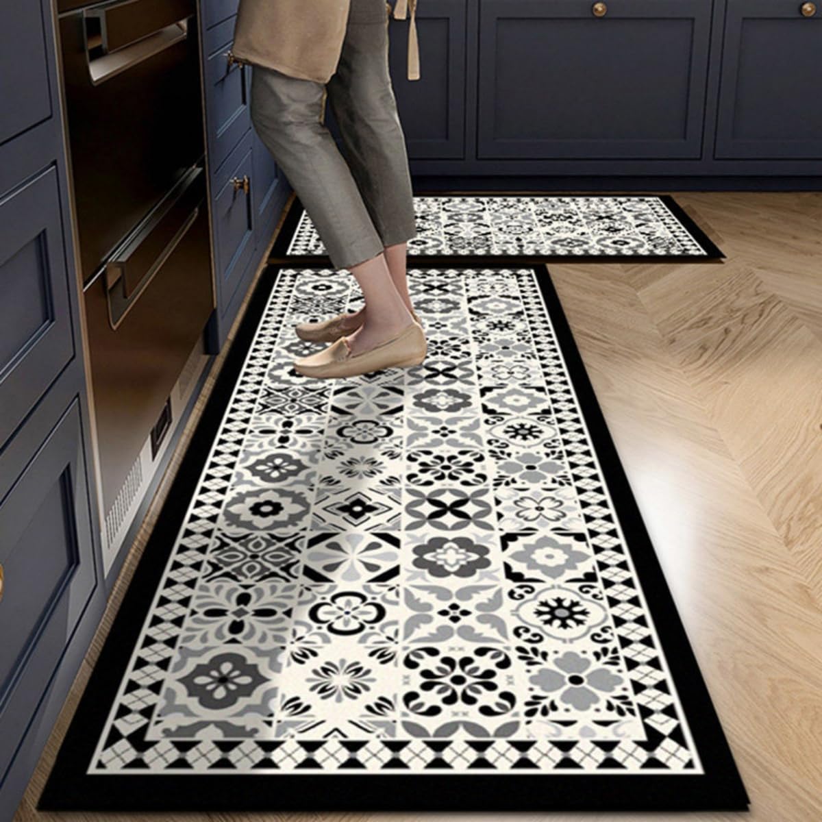 Hixingo Tapis de Cuisine Devant Evier Antidérapant Lavable, Style Campagne Vintage Tapis Couloir en Diatomite Absorbant Séchage Rapide pour Buanderie, Cuisine, Salle de Bain (Tiles Gris,60x180cm)