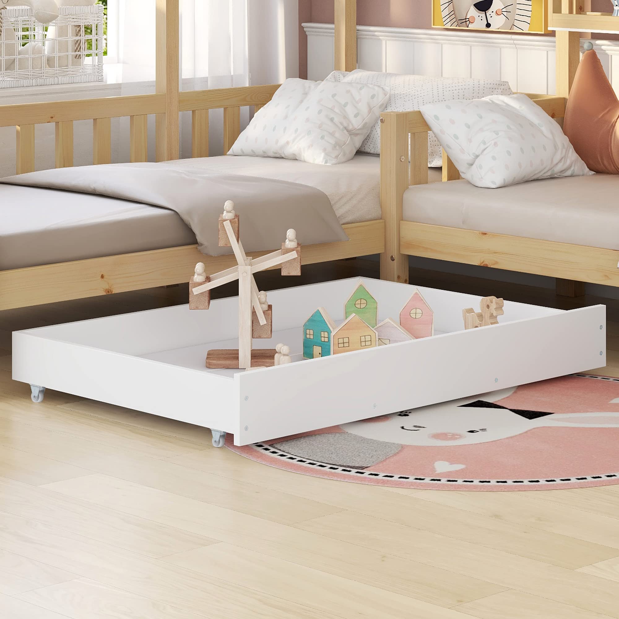 Cama Infantil 90x200cm+140x70cm Con Cajones y Estantes, Casa de Madera Maciza Con Valla y Somier, Estructura en L (Natural)