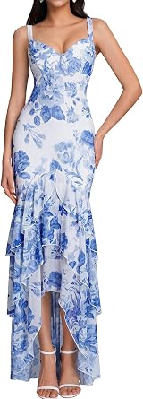 HTZMO Women Tiered Hem Floral Wedding Guest Elegant Maxi Dress