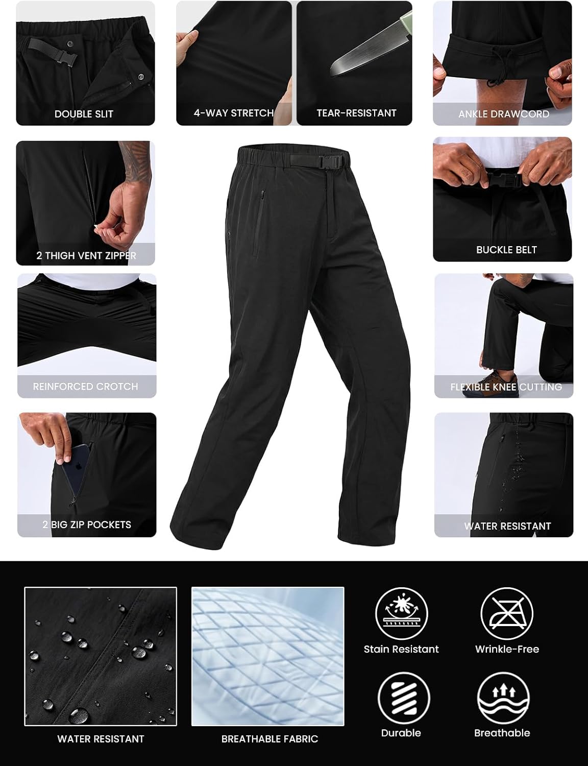 Auxo Hiking Pants Men Lightweight Quick Dry Waterproof Pants with Zipper Pockets & Buckle Belt for Outdoor Work Travel