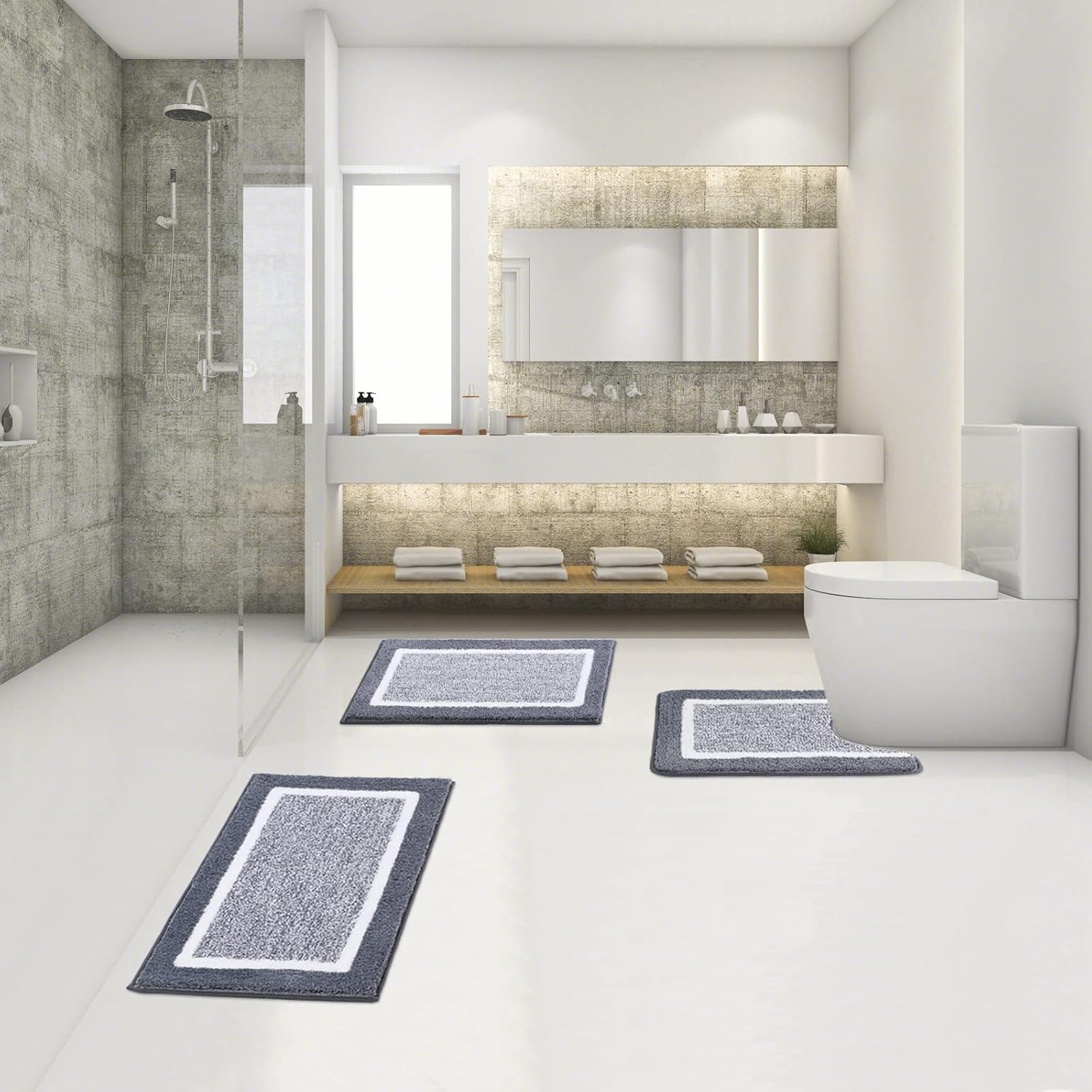 Bathroom Rugs Sets 3 Piece with U-Shaped Contour Toilet Mat Shower Rugs Absorbent Microfiber Plush Bath Mats Non Slip Bath Rugs Shaggy Floor Mats Machine Washable