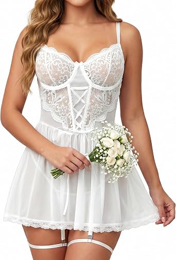 Girece Babydoll Lingerie for Women Underwire Chemise with Garter Straps