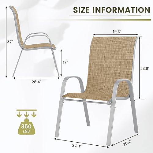 Miniatura 3 de UDPATIO Juego de 2 sillas de patio, sillas de comedor apilables plateadas para exteriores con respaldo alto, silla de tela de textileno transpirable