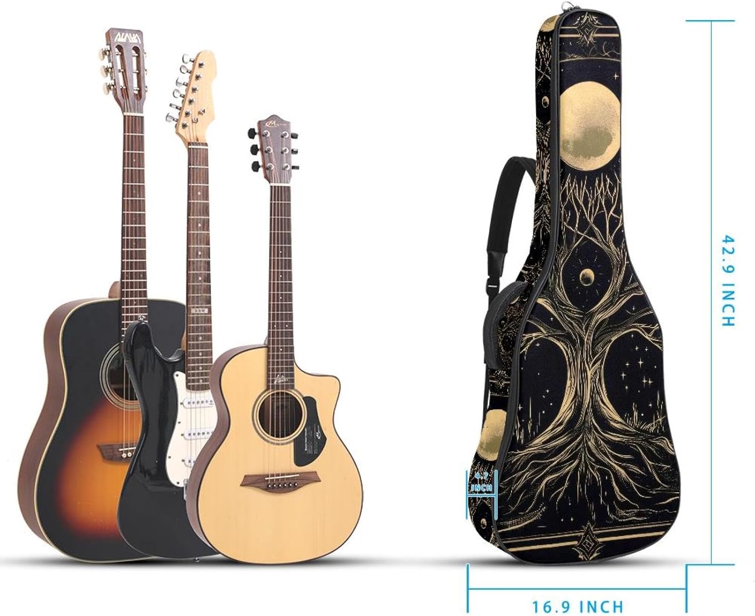40 41 42 Inch Acoustic Guitar Bag, 0.4 In Thick Sponge Padded Guitar Case Gig Bag with Back Hanger Loop and 2 Pockets, Tree of Life with Moon Phase Boho Style