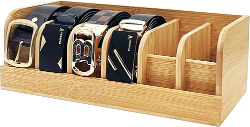 Organizador de cinturón de bambú, soporte para cinturón de 6 rejillas con ganchos de pared, estante para cinturón para exhibición de cinturón (luz)