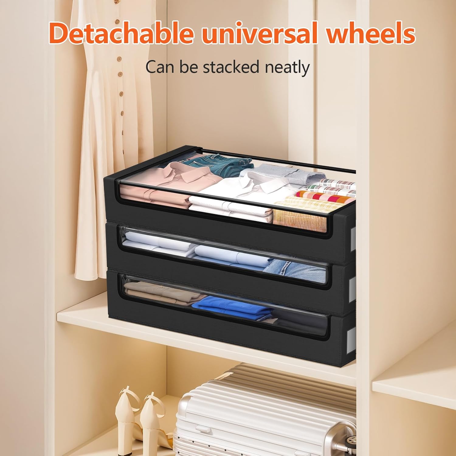 Under Bed Storage Containers with Wheels - Foldable Organizer Bins for Blankets, Clothes, Shoes, Toys, and Comforters.Capacity, Space Saving, Easy Pull Out, Clear PVC (black-2)