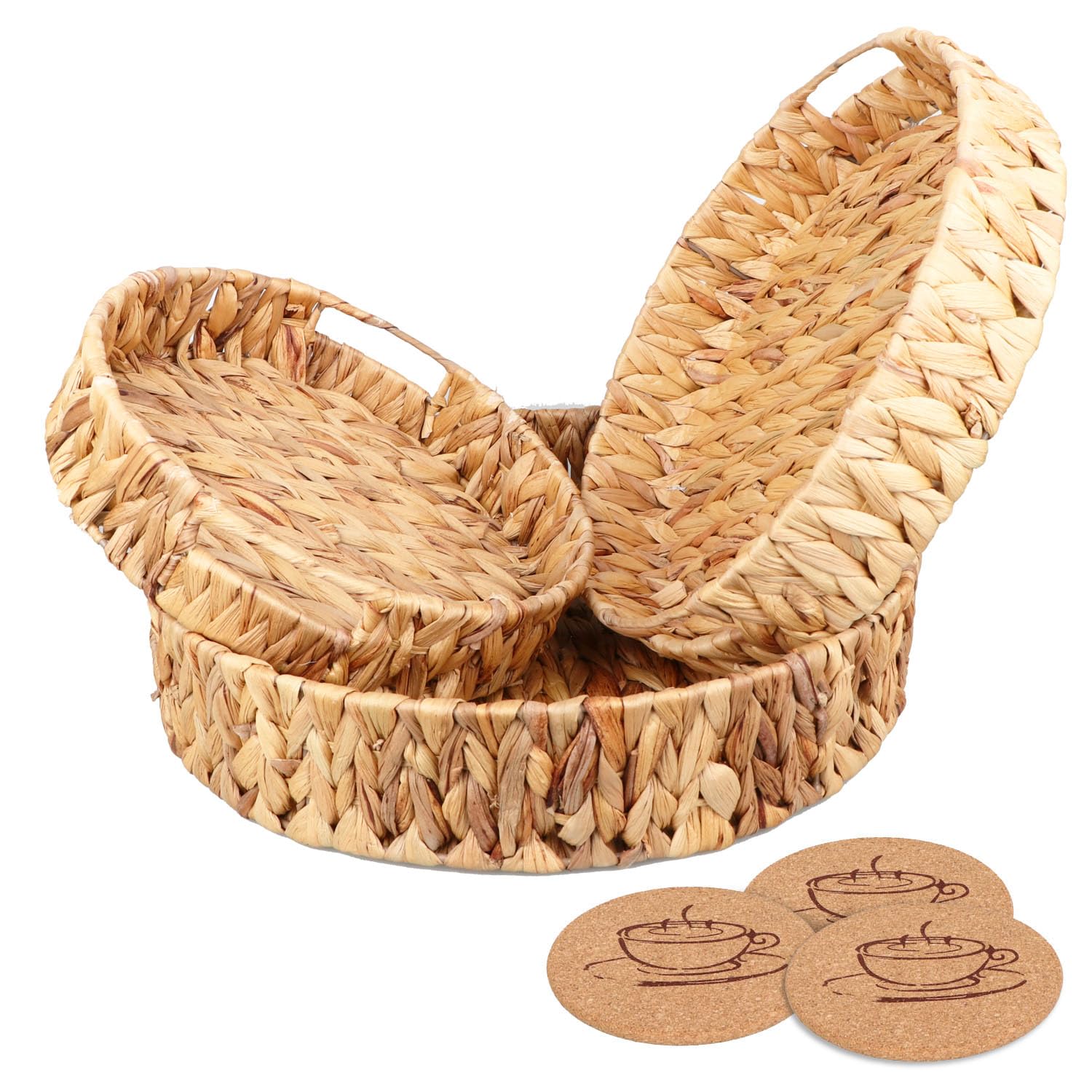 Yimerlen 3 Pcs Large Woven Round Fruit Tray, 11 Inch, 13 Inch, 14.56 Inch Water Hyacinth Woven for Vegetable, Bread, Fruit, Arts and Crafts 100% Handmade Baskets（Comes with Cork Coaster） Light Brown