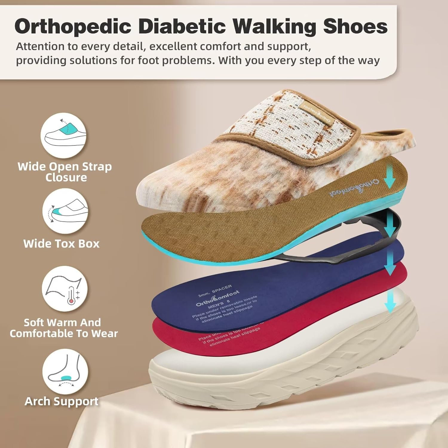 Women's Orthopedic Diabetic Wide Slippers: Comfortable Arch Support Plantar Fasciitis Walking Shoes, Casual Flat Feet Winter Warm Hook and Loop House Slip On Loafers for Foot and Heel Pain Relief - Image 3