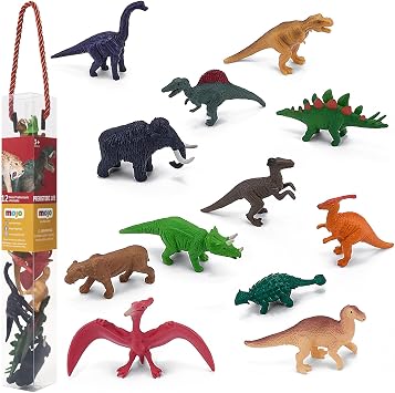 MOJO   Mini Dinosaur figure Mini Worlds Tube Playset 12pc T-Rex, Brachiosaurus, Spinosaurus, Mammoth, Tricerotops, Smilodon, Stegosaurus, Parasauralophus, Ankylosaurus | Dinosaurs Collection