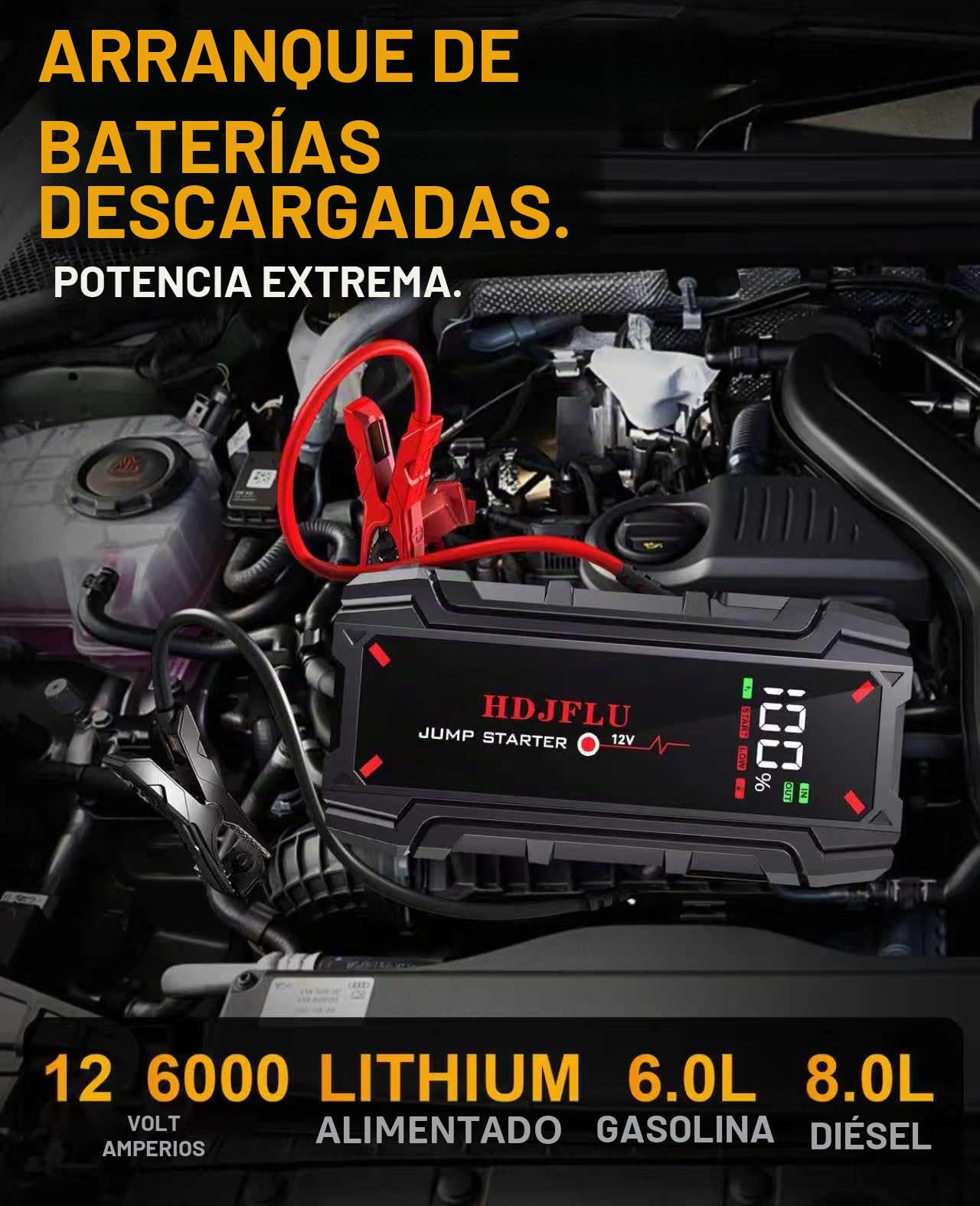 Batería de Arranque de Coche, 6000 amperios, Corriente portátil certificada, Gasolina 8l y Diesel 6l, Booster 12v, USB, LED para Camiones, caravanas y Barcos
