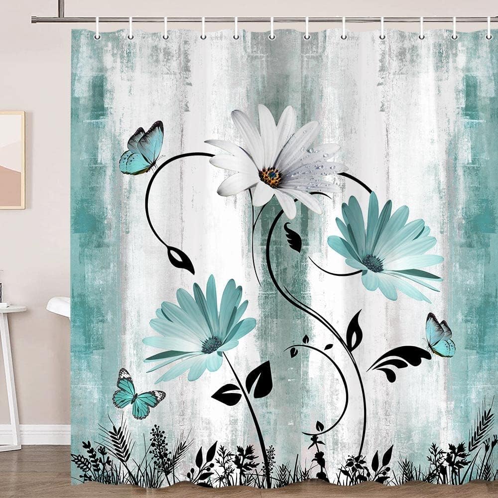 Rustic Farmhouse Shower Curtain for Bathroom, Farm Teal Daisy Floral Flowers and Butterfly on Country Wooden Bath Curtains, Turquoise Blue Fabric Bathroom Decor Set with Hooks 72X84
