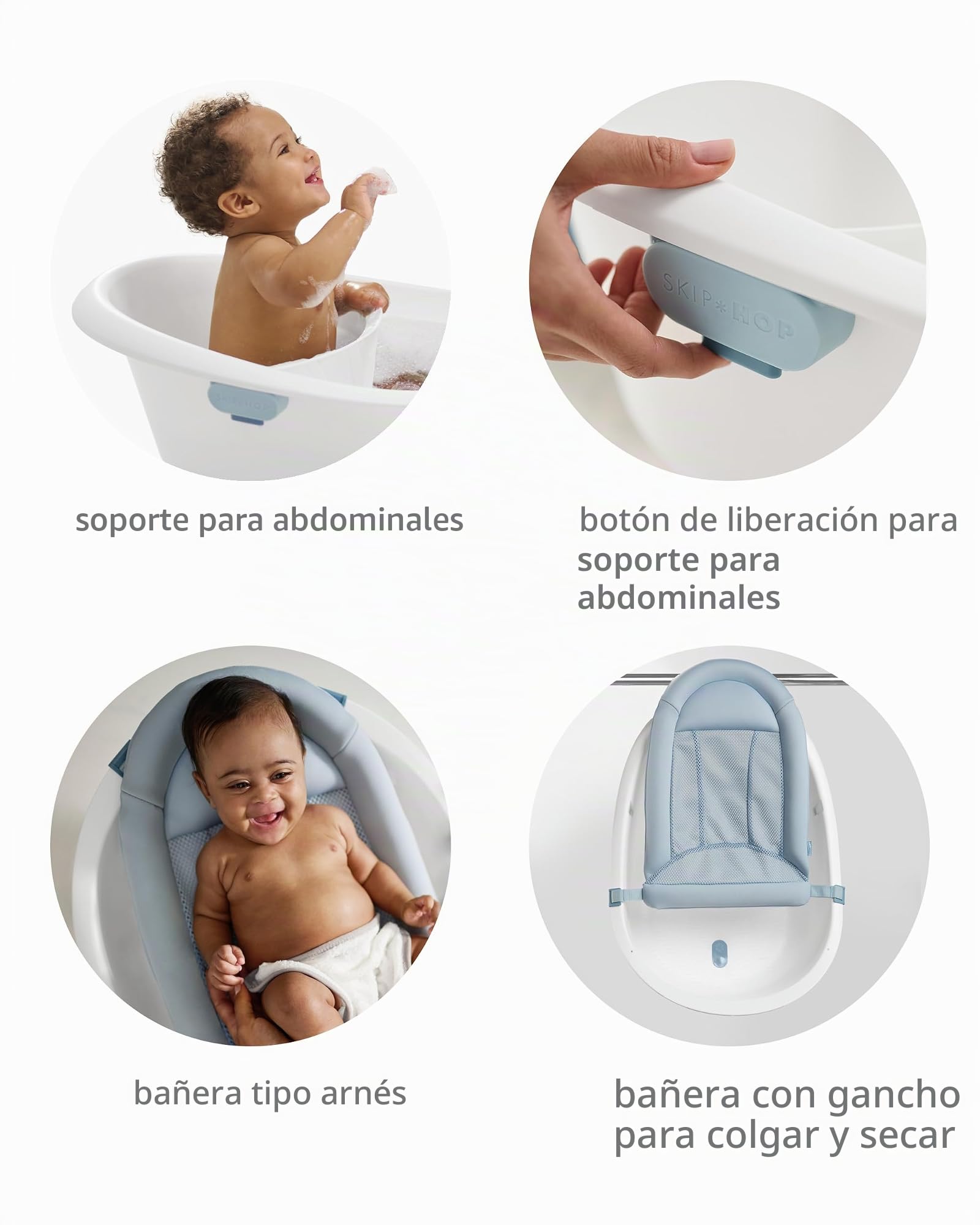 Skip Hop Bañera 4 en 1 para bebé con correa de apoyo y soporte abdominal, para niños de 0 meses o más