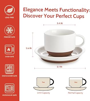 Sweese 8 Ounce Cappuccino Cups Set of 4, Porcelain Stackable Coffee Cups with Saucers and Metal Stand, Multicolor
