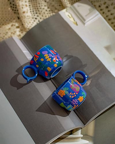 Miniatura 6 de Juego de 2 tazas de café espresso de cerámica, mini tazas de café expreso dobles de 3 onzas con bonito mango Q, patrones florales y de frutas, tazas