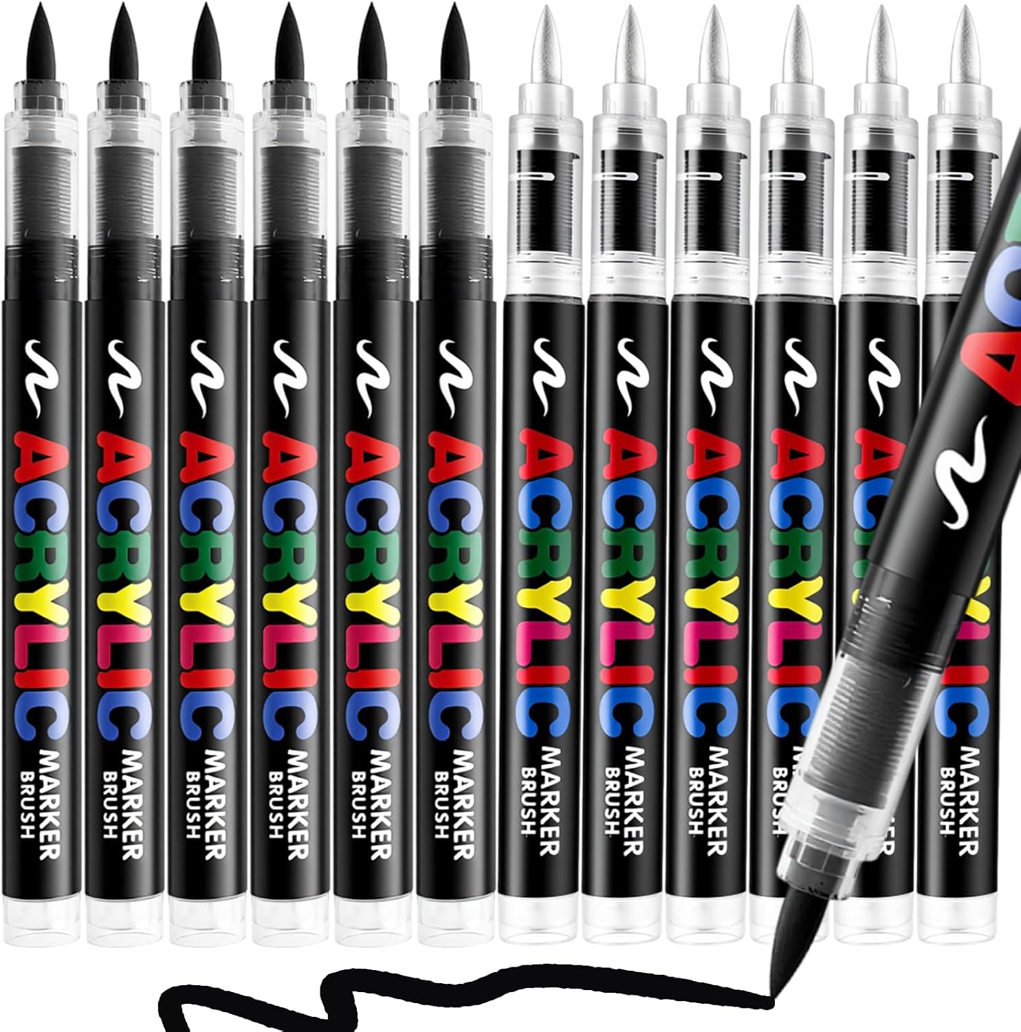 6 Black +6 White Paint Pen, Brush Tip Acrylic Paint Markers for Rock Painting, Wood, Glass, Ceramic, Canvas, Fabric, Stone, Decoration, DIY Crafts Kit Making, Art Supplies