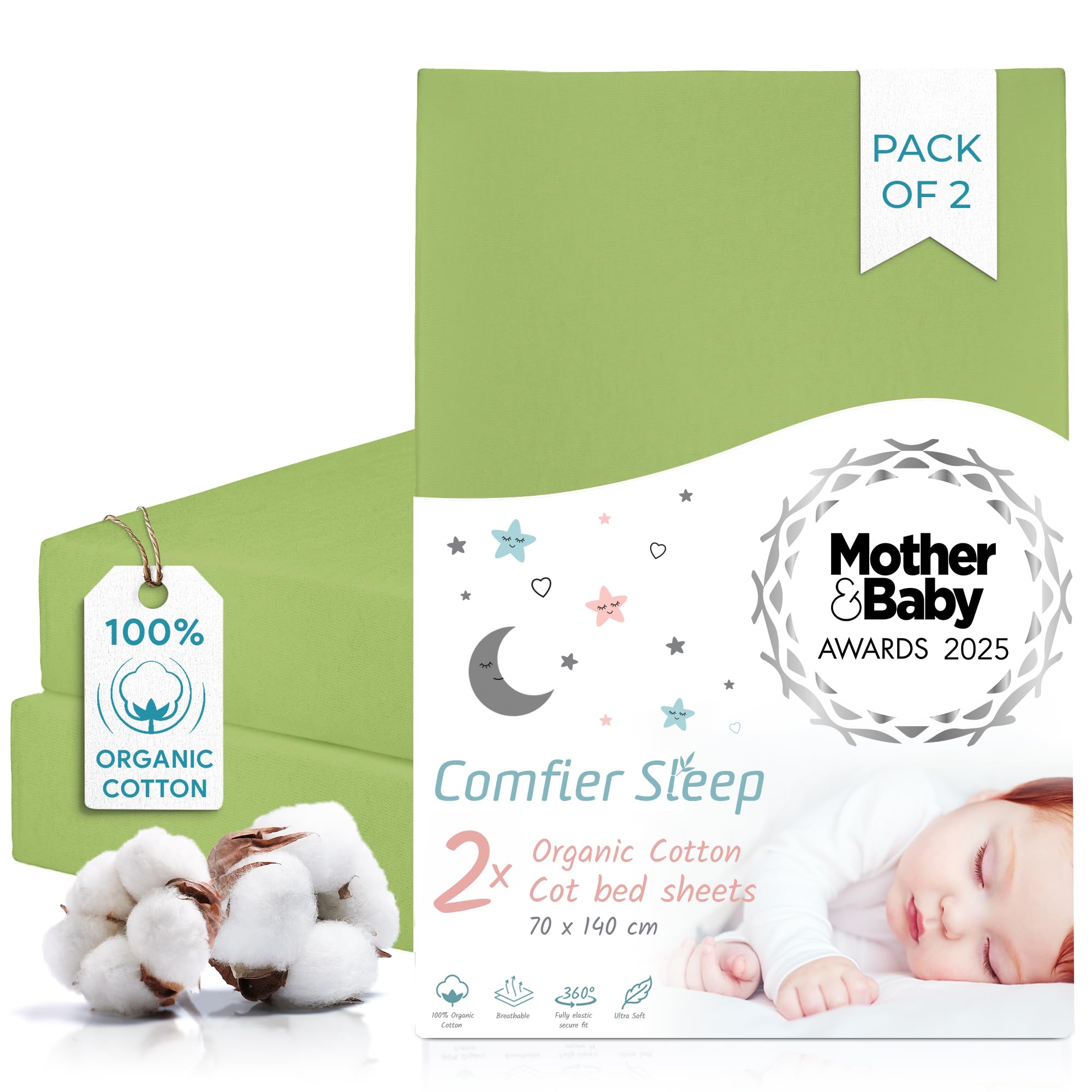 Cot Sheets 140 x 70 Fitted Green – Organic Cotton Cot Bed Sheets Set of 2 – Ultra Soft Breathable Sheets for Standard Mattress