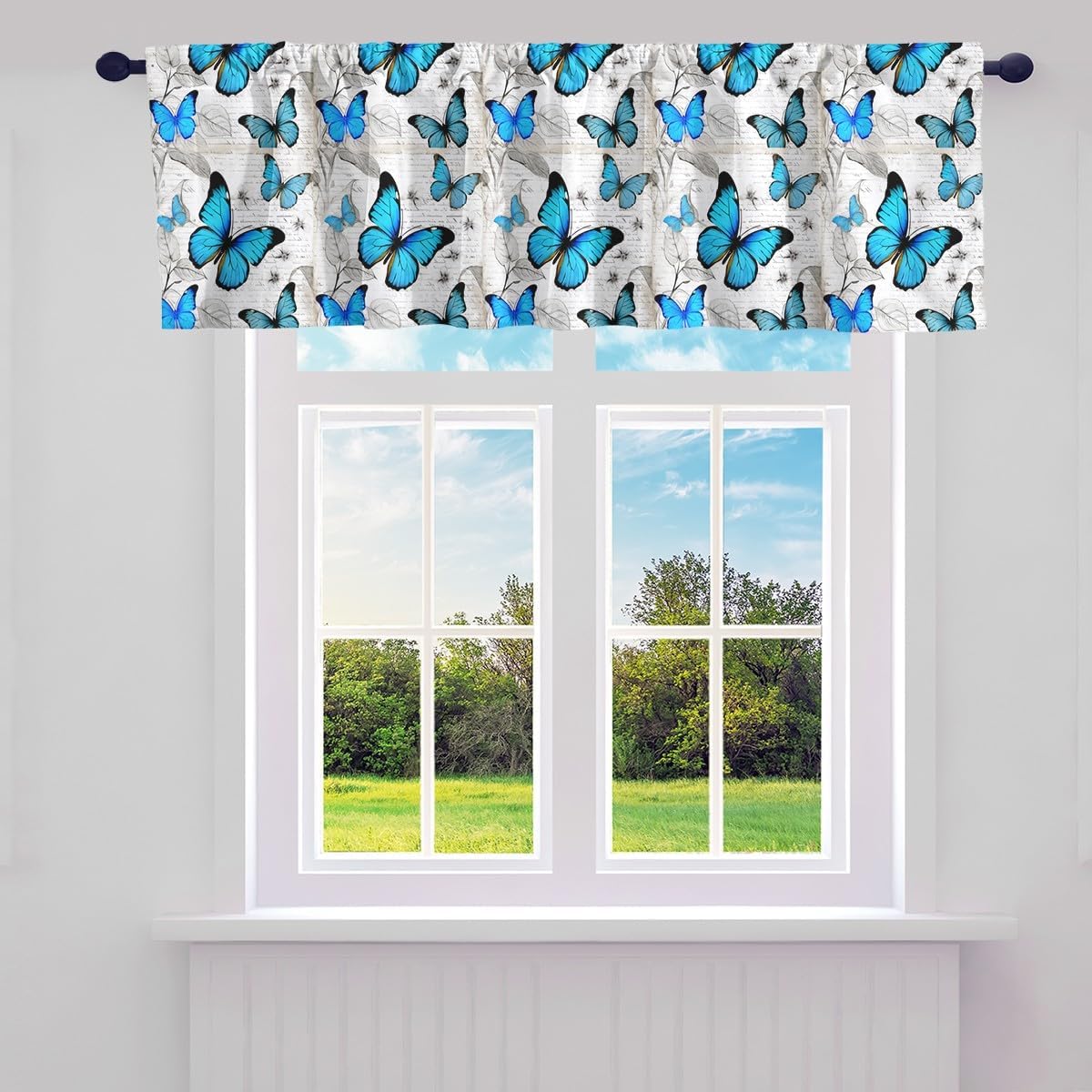 Erosebridal Blue Butterfly Valance Curtains,Mysterious Butterflies Wildlife Window Treatment Valances,Rustic Farmhouse Style Blackout Valances, Darkening for Bathroom Window Curtains,52" W X 18" L
