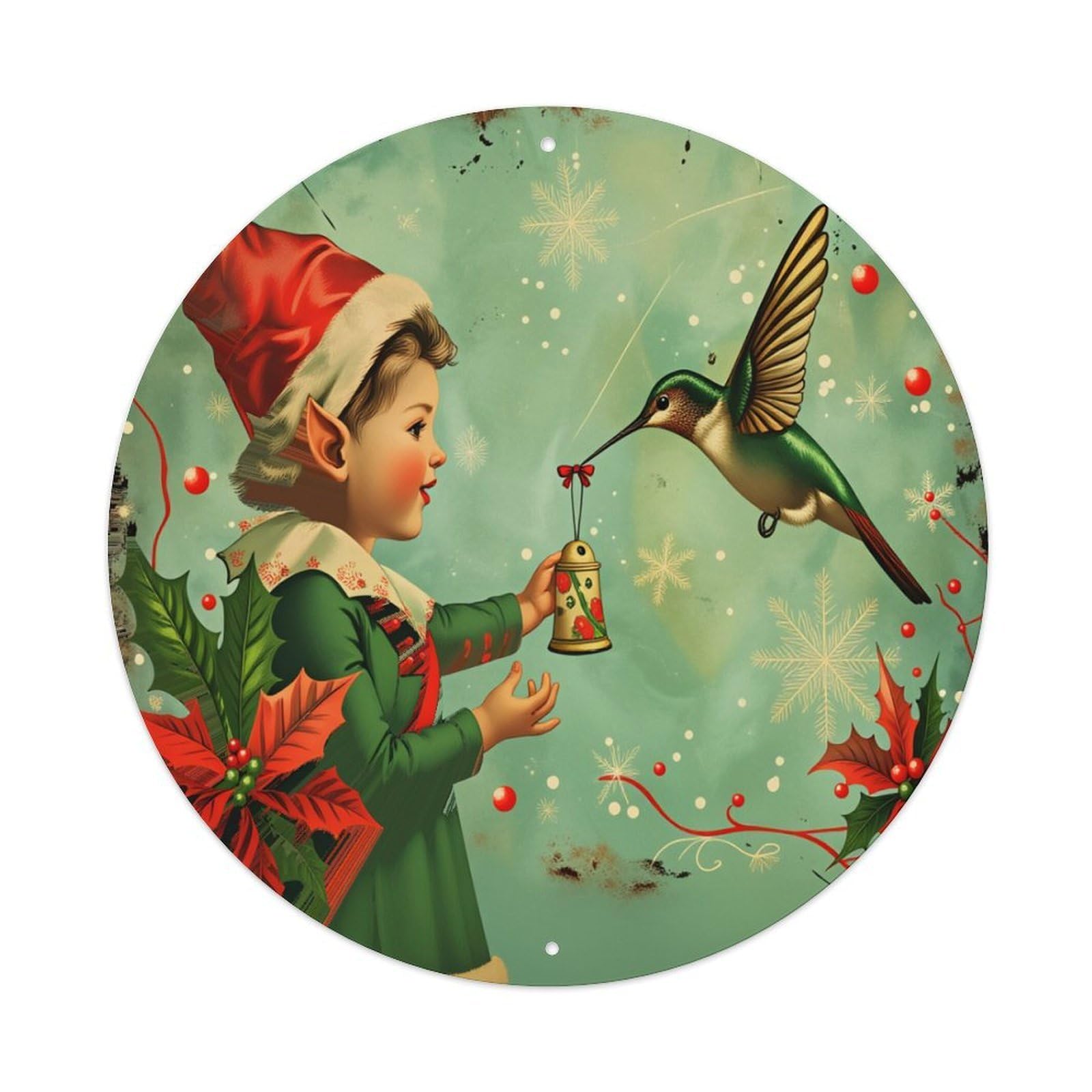 Christmas Elf Hummingbird Poinsettia Snowflake Round Tin Sign Retro Metal Sign for Cafe Bar Pub Home Game Room Gym Club Wall Decoration Vintage Metal Poster 8x8 Inch